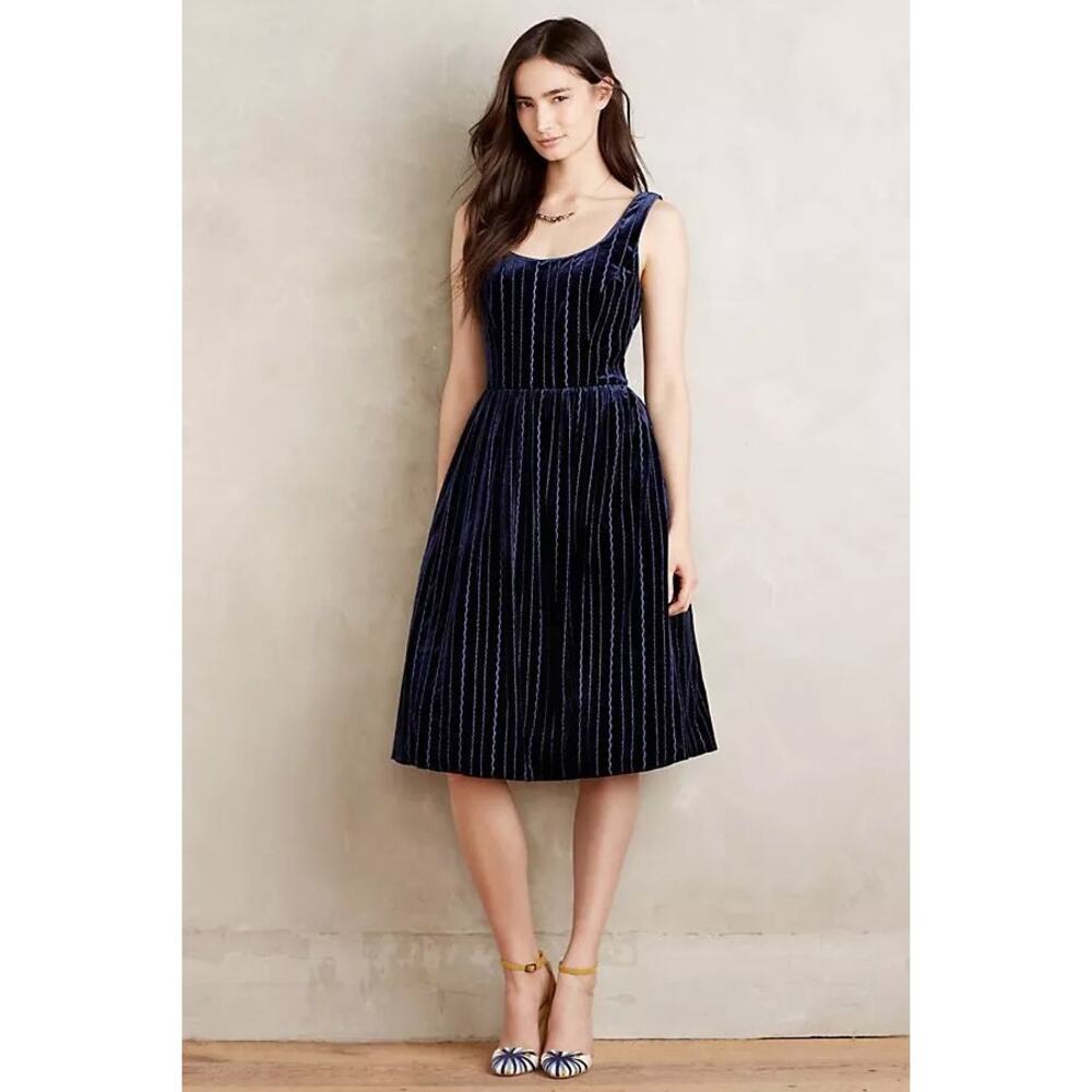 Donna‎ Morgan x Anthropologie Women's Adonia Navy Velvet Fit & Flare Dress NWT